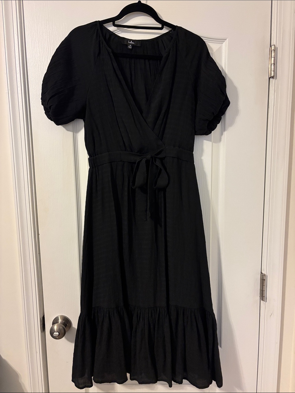 Lulu's Black Wrap Midi Dress with Ruffle Hem